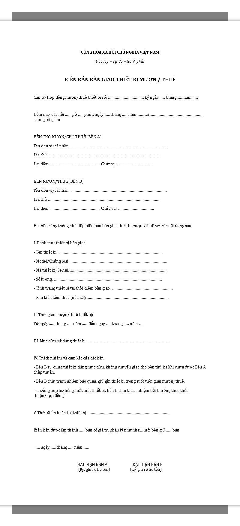Mẫu biên bản bàn giao thiết bị mượn, thuê