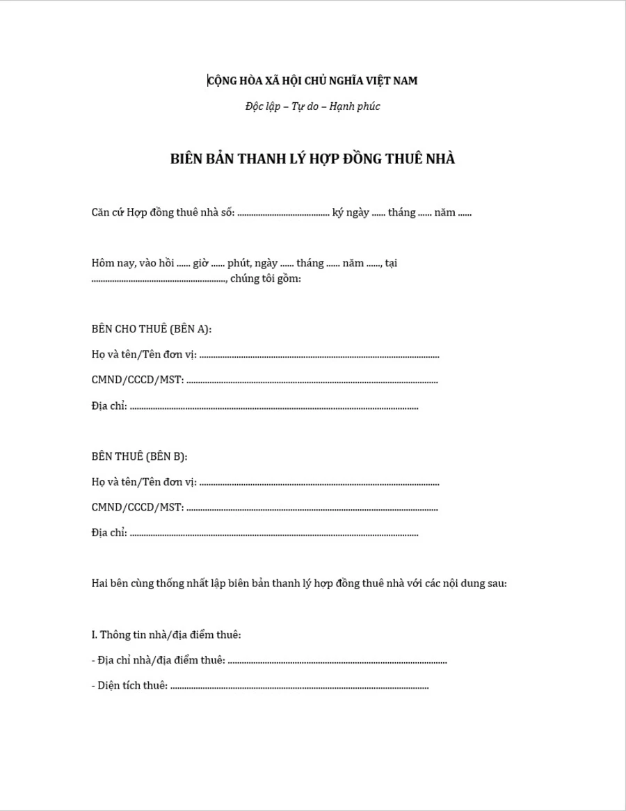 Mẫu biên bản thanh lý hợp đồng thuê nhà