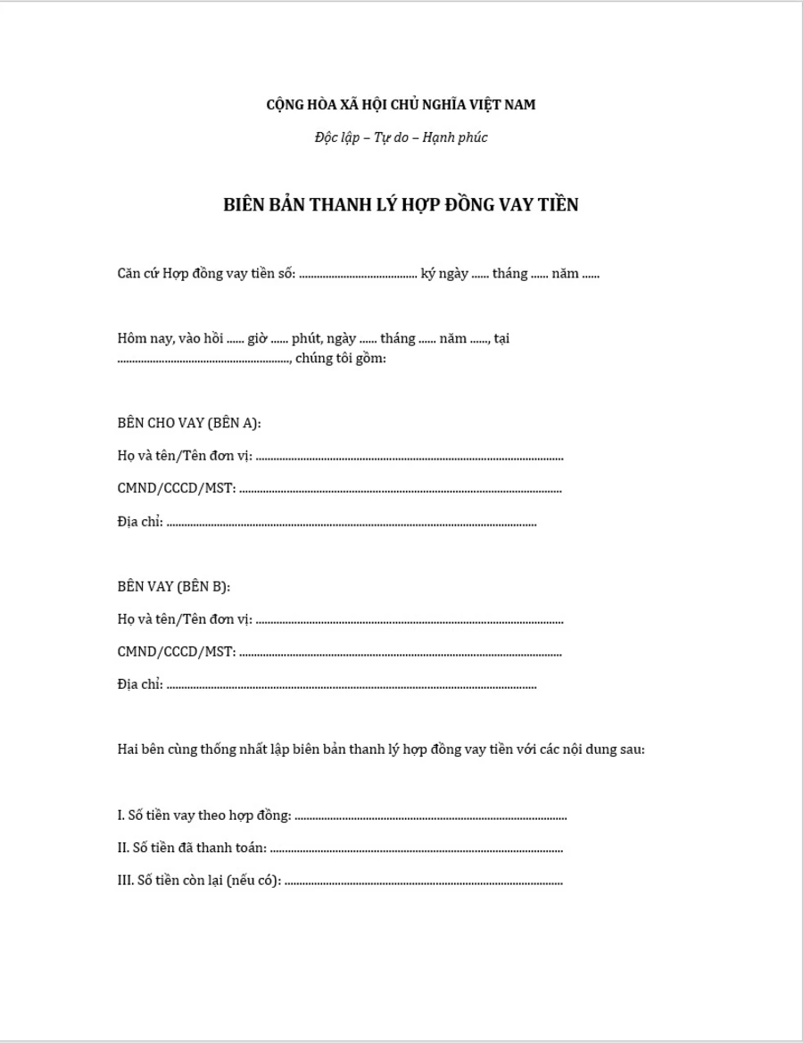 Mẫu biên bản thanh lý hợp đồng vay tiền
