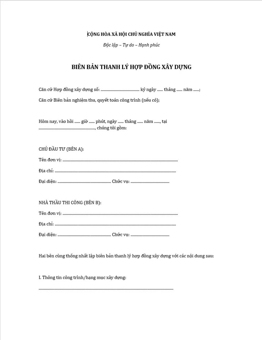 Mẫu biên bản thanh lý hơp đồng xây dựng