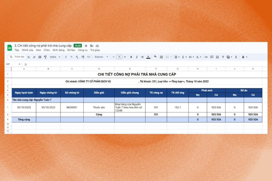 Hình ảnh minh hoạ bảng theo dõi công nợ phải trả nhà cung cấp