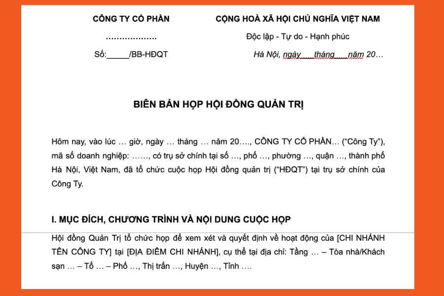 Mẫu biên bản họp hội đồng quản trị của Công ty cổ phần