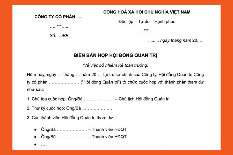 Biên bản họp hội đồng quản trị bổ nhiệm kế toán trưởng