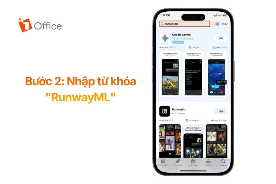 Hình ảnh minh họa bước tìm kiếm ứng dụng RunwayML trên điện thoại bằng cách nhập từ khóa “RunwayML” vào thanh tìm kiếm của kho ứng dụng. Đây là bước đầu để người dùng tải ứng dụng và bắt đầu sử dụng công cụ tạo video bằng AI.