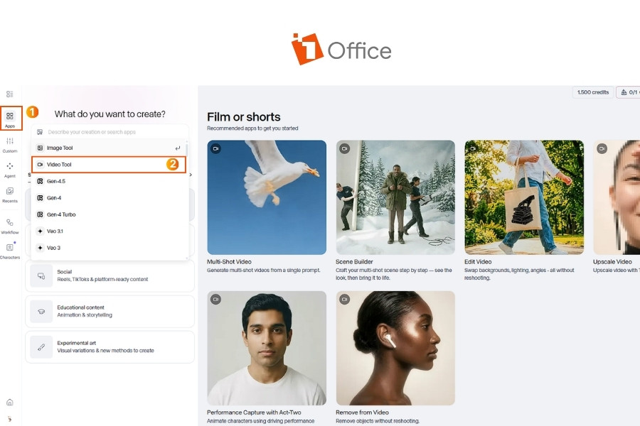 Hình ảnh minh họa thao tác truy cập công cụ tạo video trên Dashboard của Runway bằng cách chọn mục Apps và nhấn Video Tool trong danh sách tính năng. Đây là bước để người dùng bắt đầu tạo và chỉnh sửa video bằng các công cụ AI trên nền tảng.