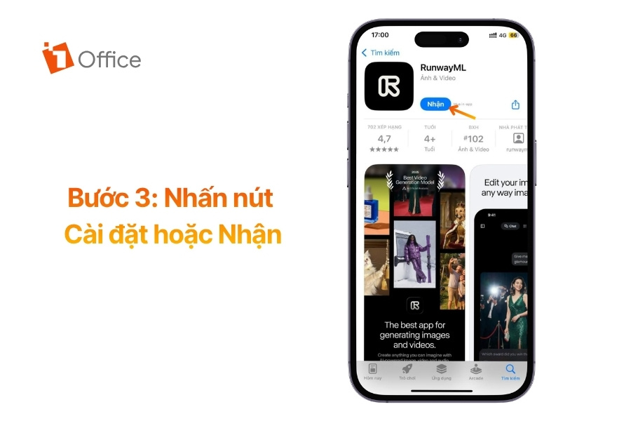 Hình ảnh minh họa bước tải ứng dụng RunwayML trên điện thoại bằng cách nhấn nút “Cài đặt” hoặc “Nhận” tại trang ứng dụng trong kho ứng dụng. Sau khi hoàn tất, người dùng có thể mở app để đăng ký và bắt đầu sử dụng công cụ AI tạo video.