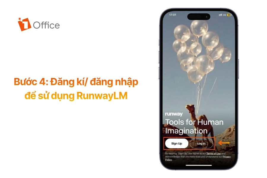Hình ảnh minh họa giao diện chào mừng của ứng dụng RunwayML trên điện thoại, nơi người dùng có thể chọn “Sign Up” để tạo tài khoản mới hoặc “Log In” để đăng nhập. Đây là bước cần thiết để truy cập và sử dụng các tính năng sáng tạo video bằng AI trên nền tảng.