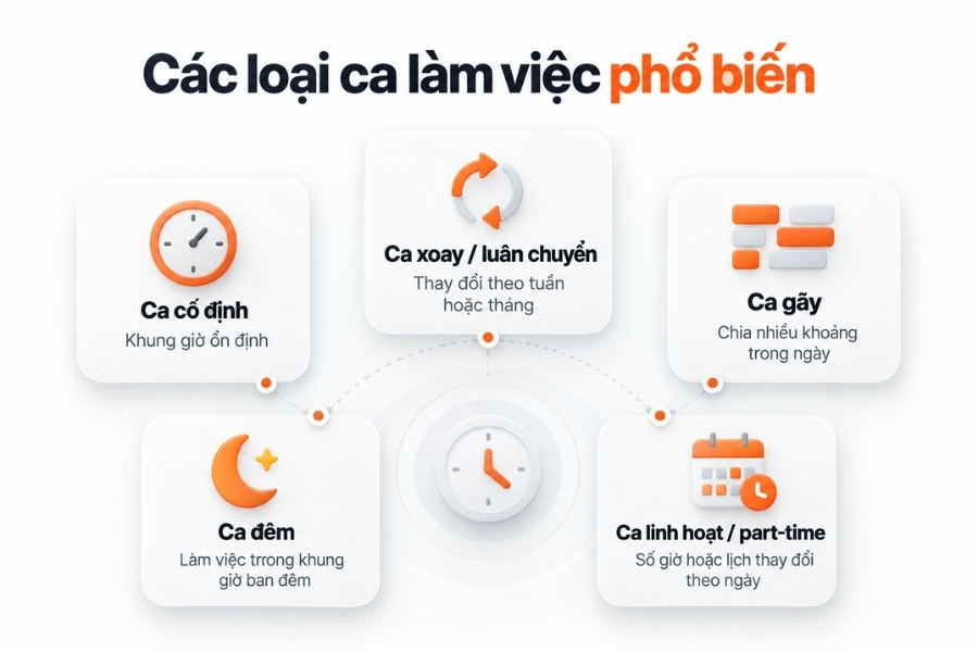 Mô tả ảnh (Alt Text chuẩn SEO):Infographic sơ đồ 5 loại ca làm việc phổ biến trong doanh nghiệp