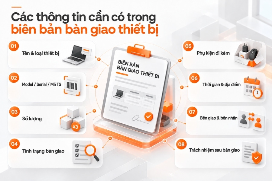 Infographic tổng hợp 8 thông tin cần có trong biên bản bàn giao thiết bị từ 1Office.