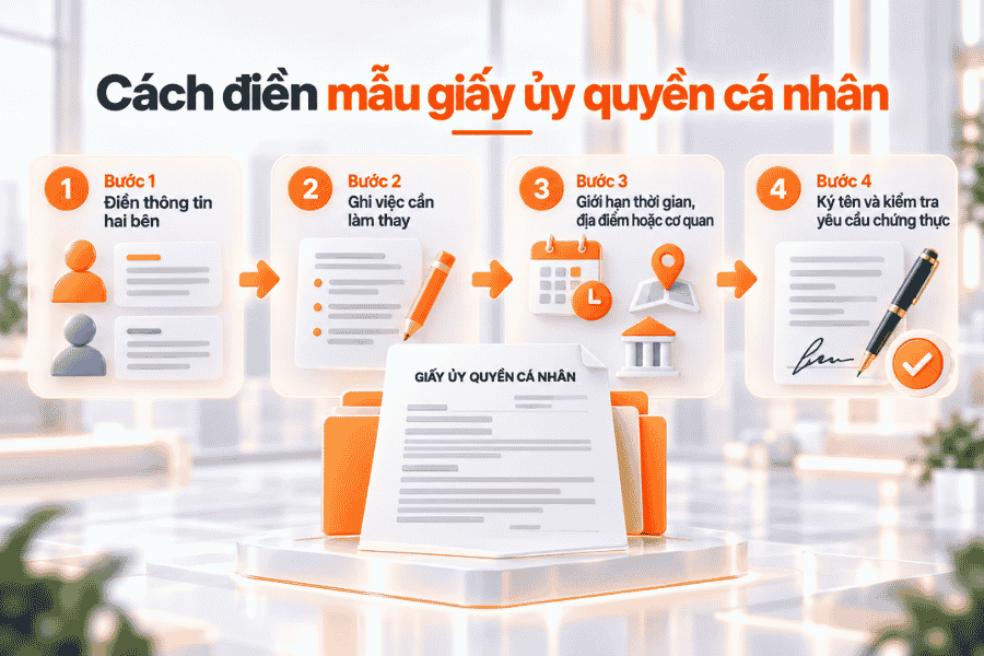 Quy trình điền thông tin, xác định công việc, giới hạn quyền và kiểm tra hình thức giấy ủy quyền.