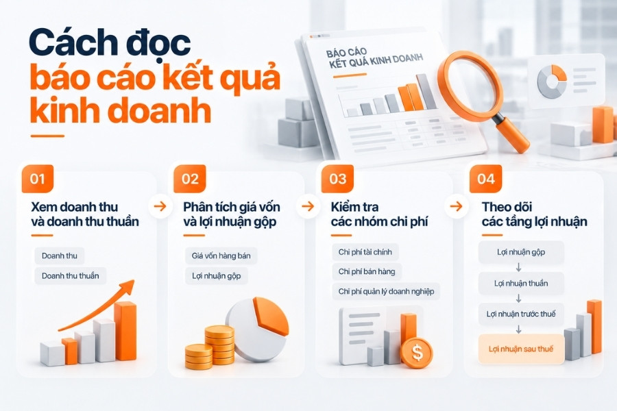 Infographic sơ đồ 4 bước hướng dẫn cách đọc và phân tích báo cáo kết quả kinh doanh từ 1Office.