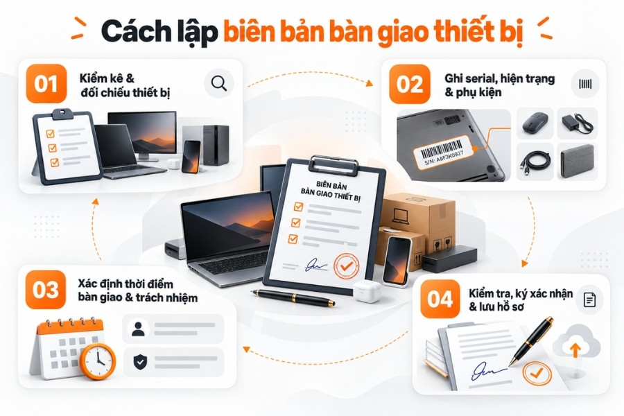 Infographic hướng dẫn 4 bước quy trình lập biên bản bàn giao thiết bị chuẩn từ 1Office.