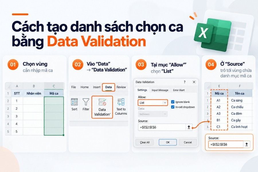 Infographic hướng dẫn 4 bước tạo danh sách chọn ca làm việc thả xuống bằng công cụ Data Validation trong Excel từ 1Office.