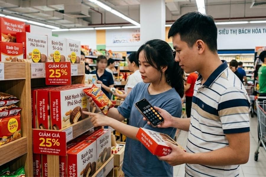 Hình minh họa bạn trẻ đang tính toán giá trị gốc của các sản phẩm bánh kẹo đang được giảm giá 25% trong siêu thị.