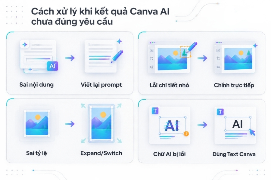 Infographic Cách xử lý khi kết quả Canva AI chưa đúng yêu cầu từ 1Office.