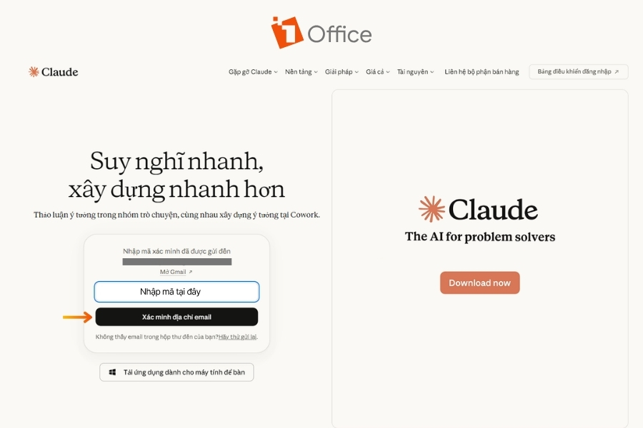 Hình ảnh minh họa bước xác minh email khi đăng ký Claude AI, yêu cầu người dùng nhập mã xác thực được gửi đến hộp thư để kích hoạt tài khoản. Đây là bước cần thiết để hoàn tất quá trình tạo tài khoản và bắt đầu sử dụng nền tảng.