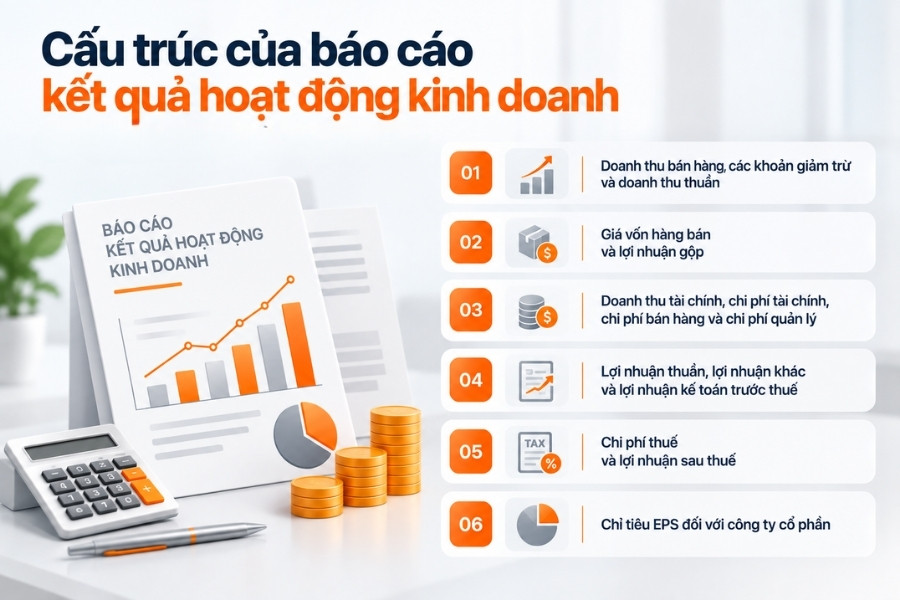 Infographic sơ đồ 6 phần trong cấu trúc của báo cáo kết quả hoạt động kinh doanh từ 1Office.