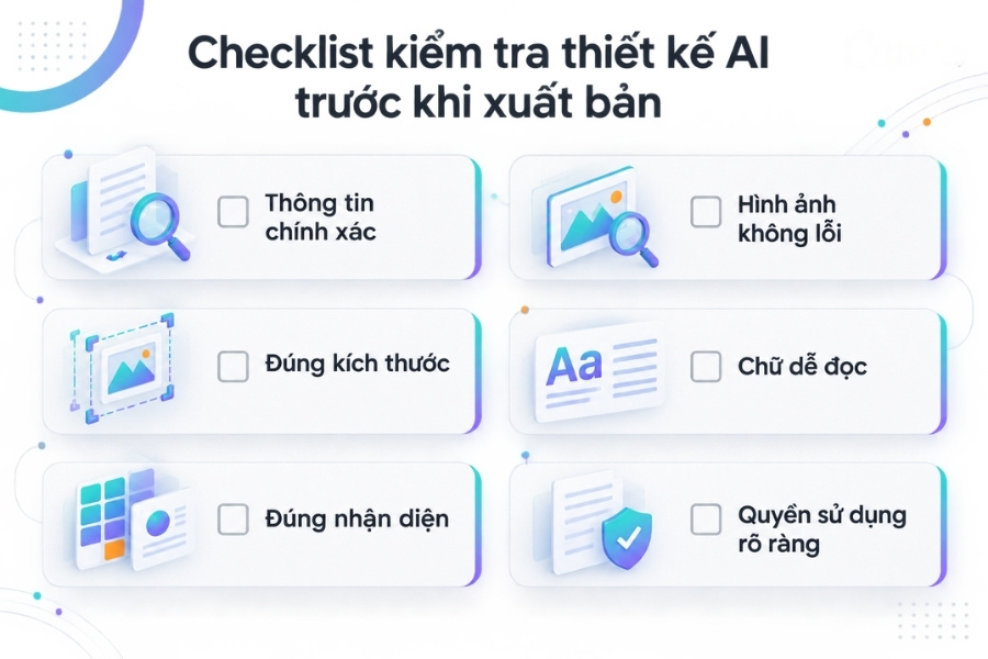Infographic Checklist kiểm tra thiết kế AI trước khi xuất bản từ 1Office.