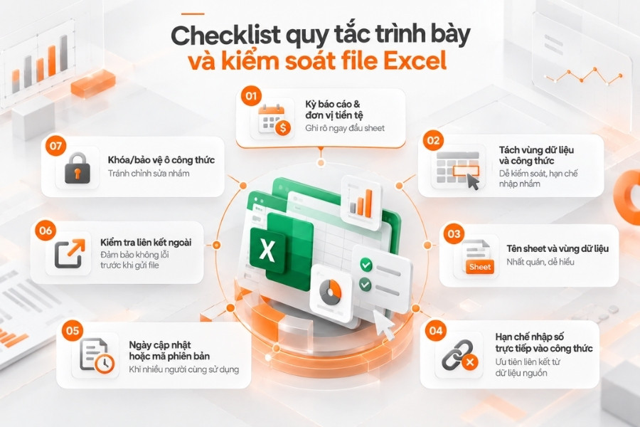 Infographic checklist 7 quy tắc trình bày và kiểm soát file Excel báo cáo tài chính từ 1Office.