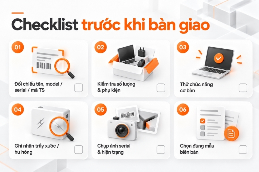 Infographic checklist 6 bước kiểm tra tài sản trước khi bàn giao từ 1Office.
