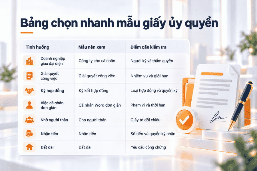 Bảng hướng dẫn lựa chọn mẫu giấy ủy quyền theo từng mục đích sử dụng.