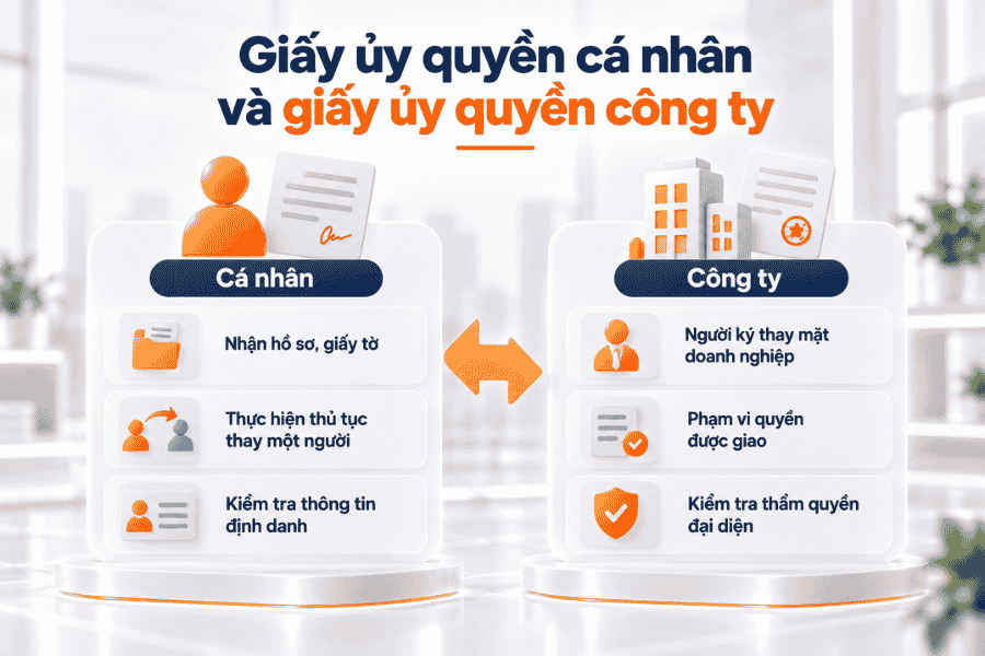 Minh họa mối quan hệ ủy quyền và sự khác biệt giữa ủy quyền cá nhân với ủy quyền doanh nghiệp.