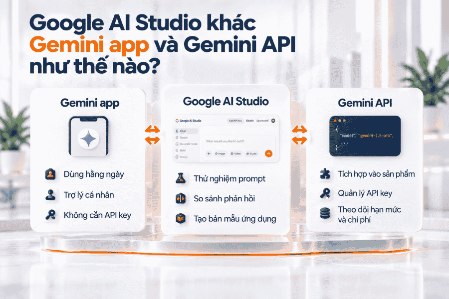 Gemini app phù hợp làm trợ lý hằng ngày, Google AI Studio dùng để thử nghiệm, Gemini API tích hợp mô hình vào website hoặc quy trình riêng.