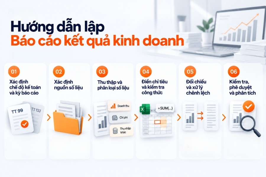 Infographic hướng dẫn 6 bước lập báo cáo kết quả kinh doanh từ số liệu kế toán chi tiết từ 1Office.
