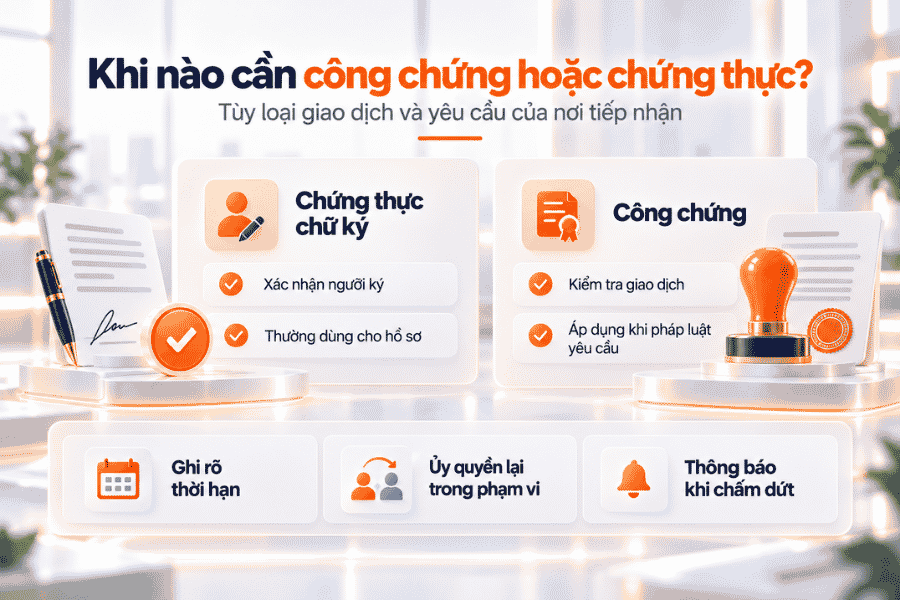 Phân biệt công chứng và chứng thực chữ ký, cùng các yếu tố cần kiểm tra theo giao dịch.