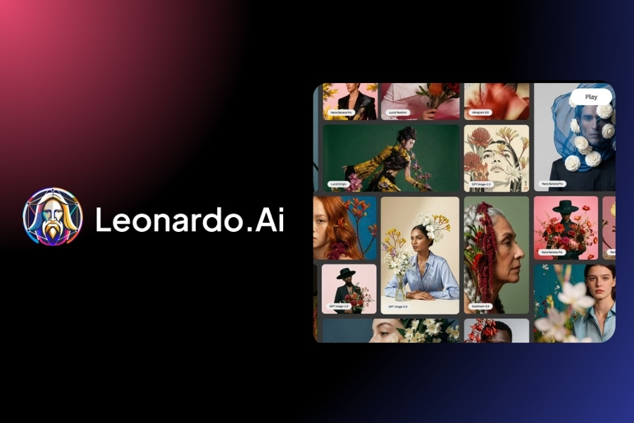 Hình ảnh giới thiệu nền tảng Leonardo AI với giao diện trưng bày nhiều mẫu hình ảnh nghệ thuật được tạo bởi trí tuệ nhân tạo. Công cụ hỗ trợ người dùng tạo, tùy chỉnh và phát triển hình ảnh sáng tạo phục vụ thiết kế, marketing và sản xuất nội dung số.
