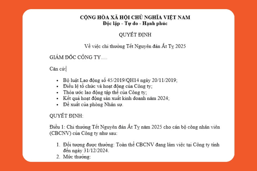 Hình ảnh minh hoạ mẫu quyết định thưởng Tết 2026