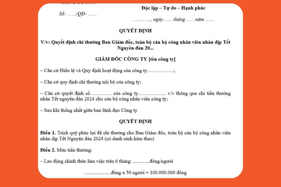 Cấu trúc chung cho mẫu quyết định thưởng Tết 2026