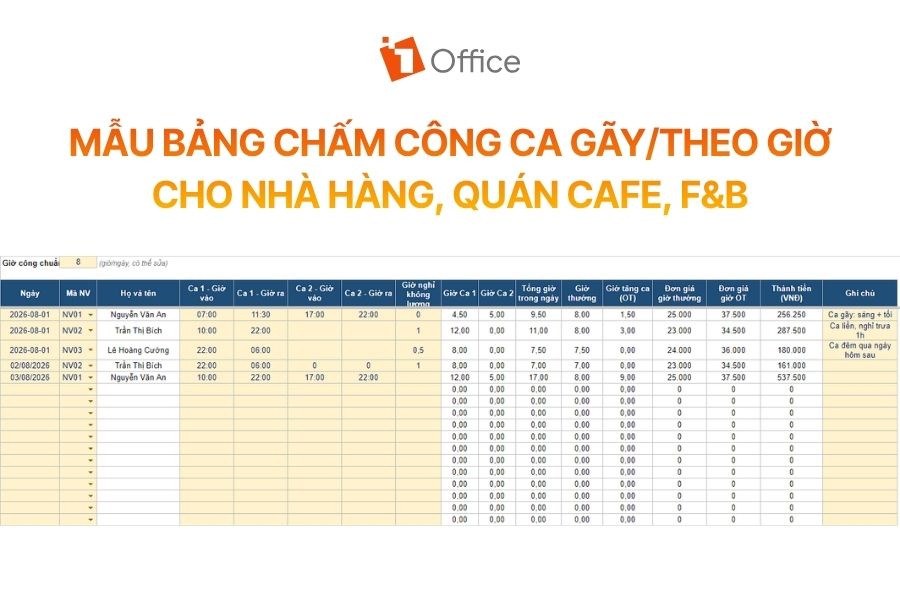 Mẫu bảng chấm công ca gãy/theo giờ thiết kế riêng cho lĩnh vực nhà hàng, quán cafe và F&B giúp kiểm soát chính xác giờ làm, giờ nghỉ và chi phí lương.