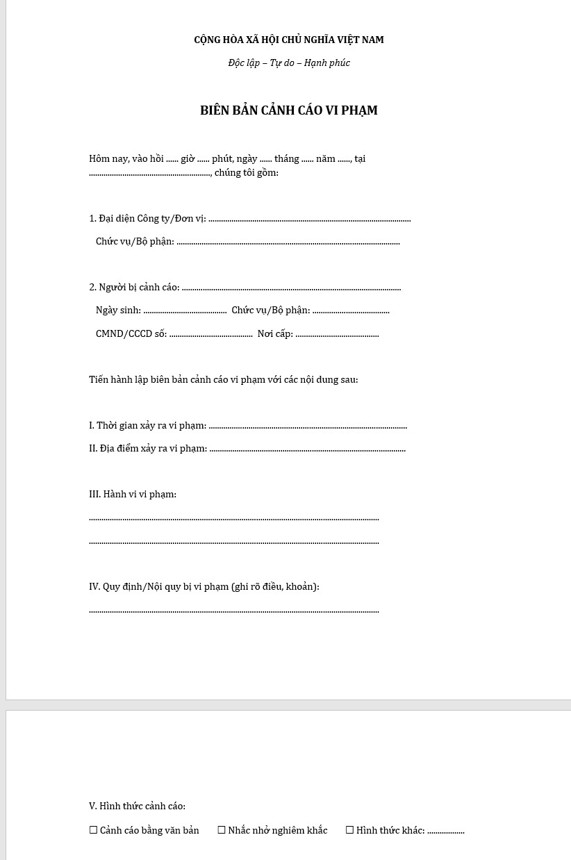 Mẫu biên bản cảnh cáo vi phạm