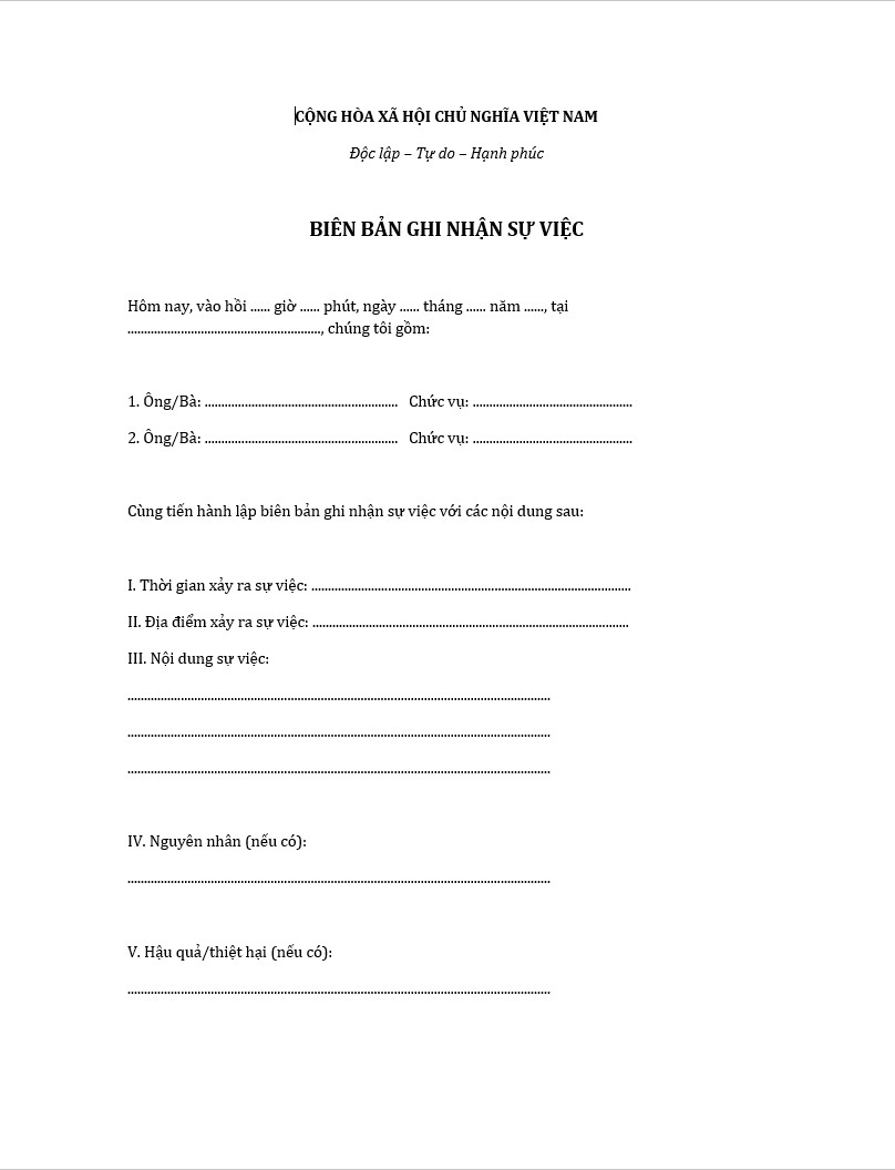 Mẫu biên bản ghi nhận sự việc