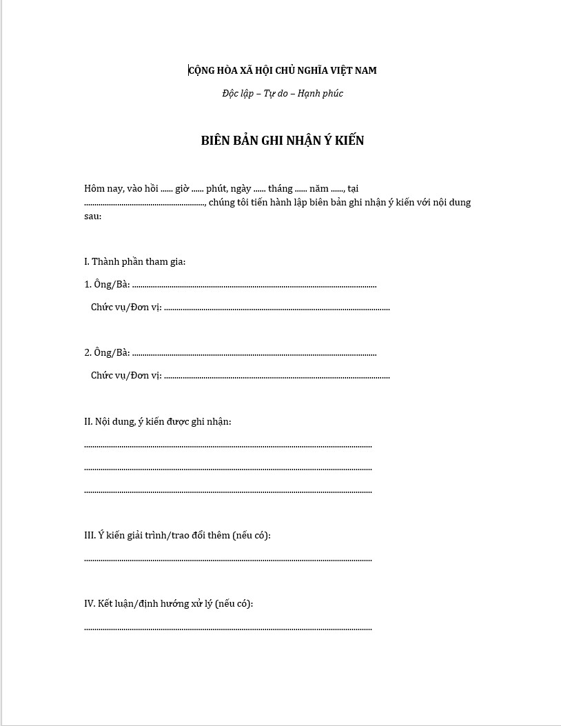 Mẫu biên bản ghi nhận ý kiến