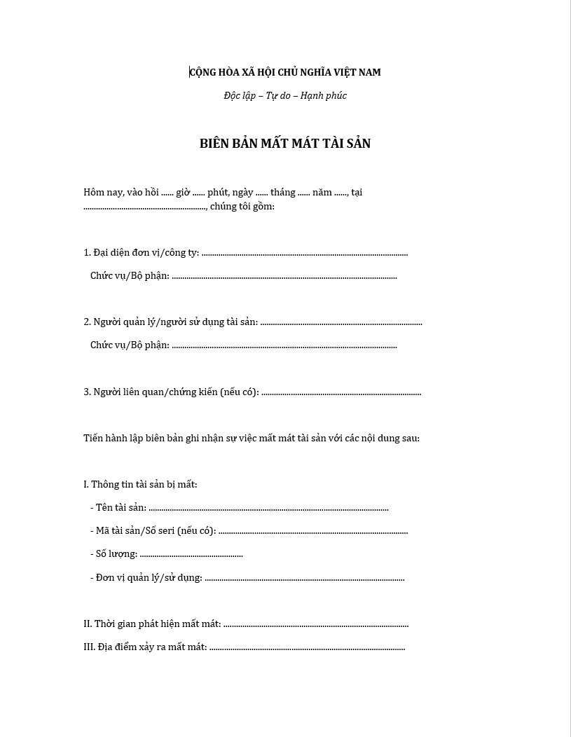 Mẫu biên bản mất mát tài sản