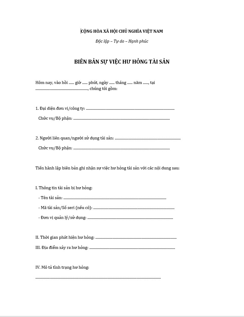Mẫu biên bản sự việc hư hỏng tài sản