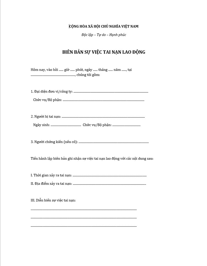 Mẫu biên bản sự việc tai nạn lao động