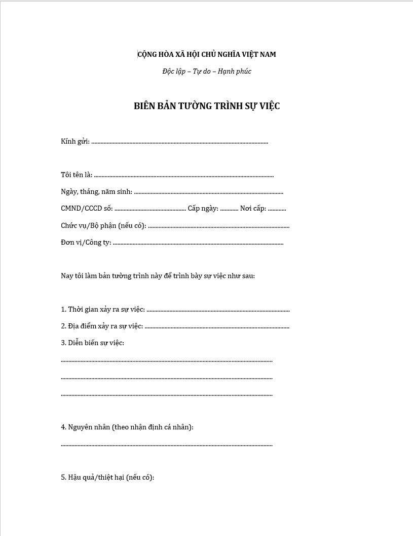Mẫu biên bản tường trình sự việc