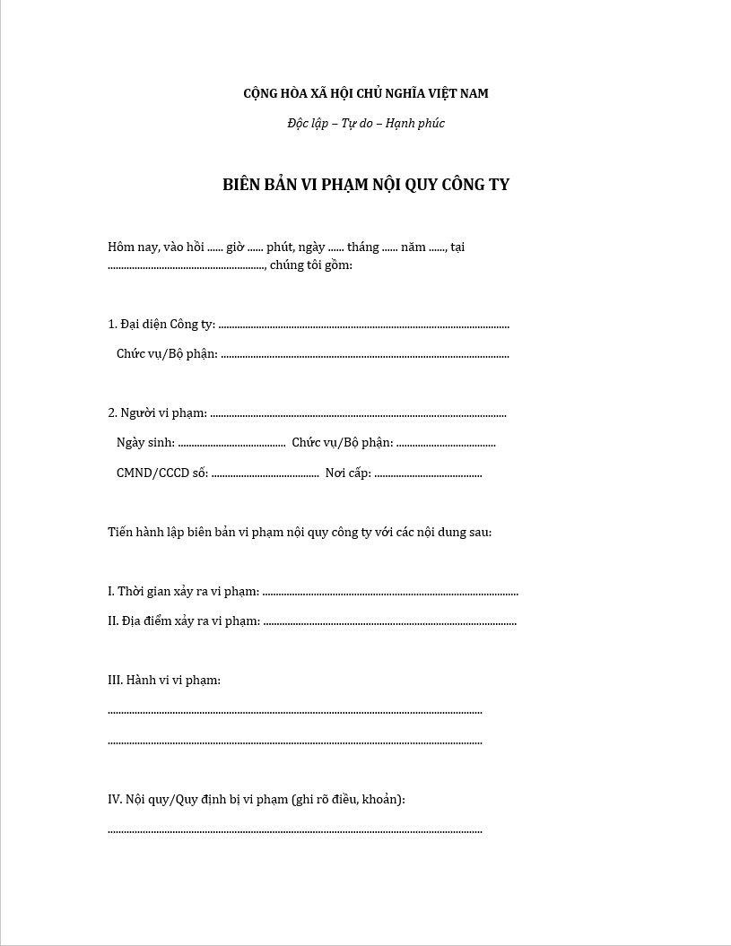 Mẫu biên bản vi phạm nội quy công ty