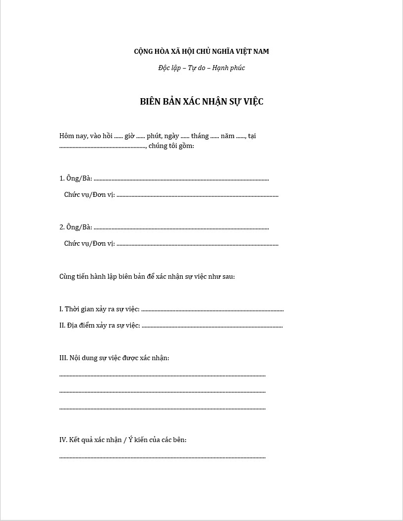 Mẫu biên bản xác nhận sự việc