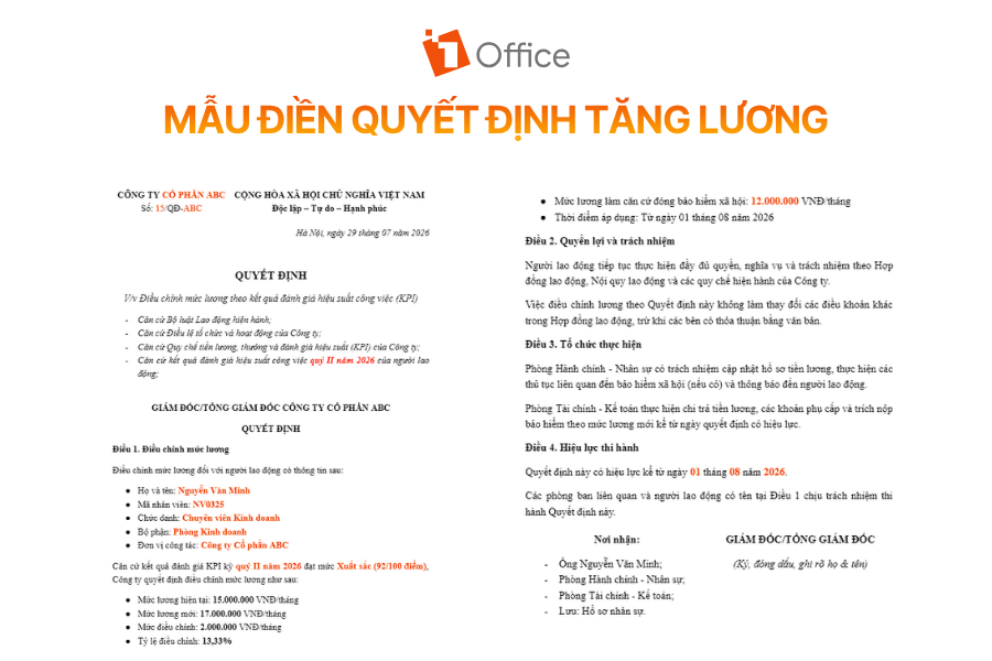 Chú thích: Mẫu điền quyết định tăng lương