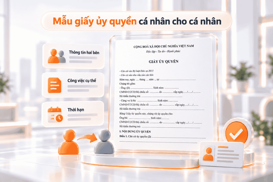 Mẫu giấy ghi nhận thông tin hai cá nhân, công việc được giao và thời hạn ủy quyền.