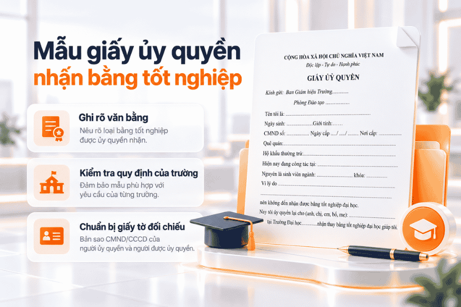 Mẫu giấy dùng khi ủy quyền cho người khác nhận bằng tốt nghiệp theo quy định của cơ sở đào tạo.