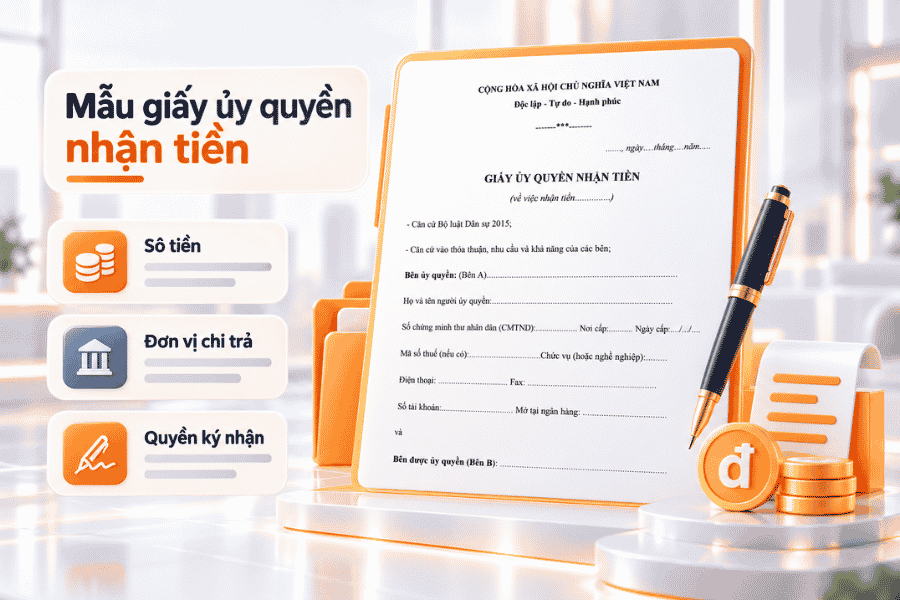 Mẫu giấy quy định khoản tiền, người nhận thay và quyền ký nhận.