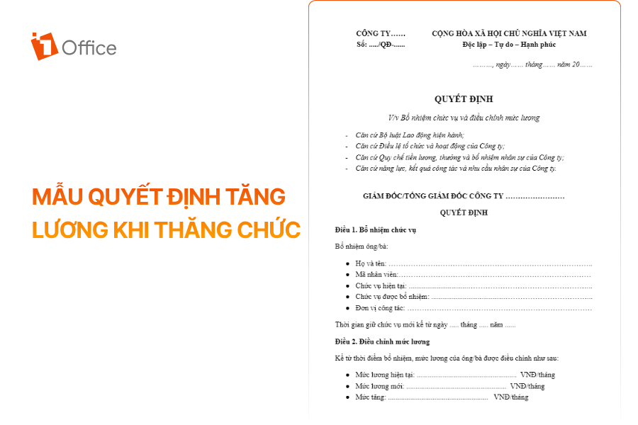 Văn bản hành chính mẫu quyết định về việc bổ nhiệm chức vụ và điều chỉnh mức lương cho nhân sự.