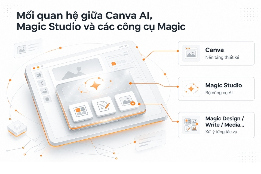 Infographic Mối quan hệ giữa Canva AI, Magic Studio và các công cụ Magic từ 1Office.