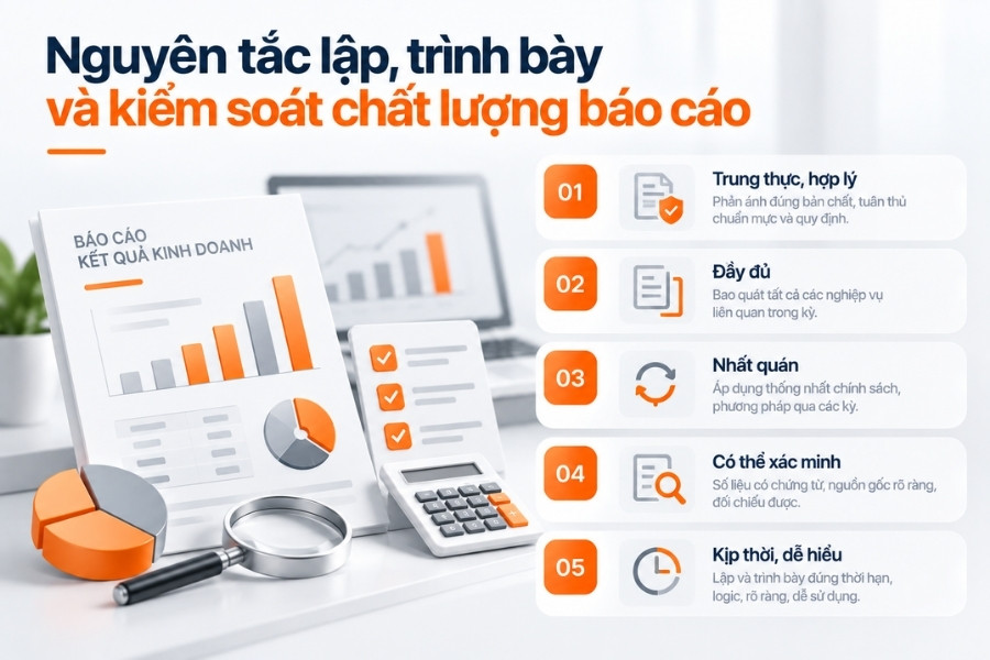 Infographic sơ đồ 5 nguyên tắc lập, trình bày và kiểm soát chất lượng báo cáo kết quả kinh doanh từ 1Office.