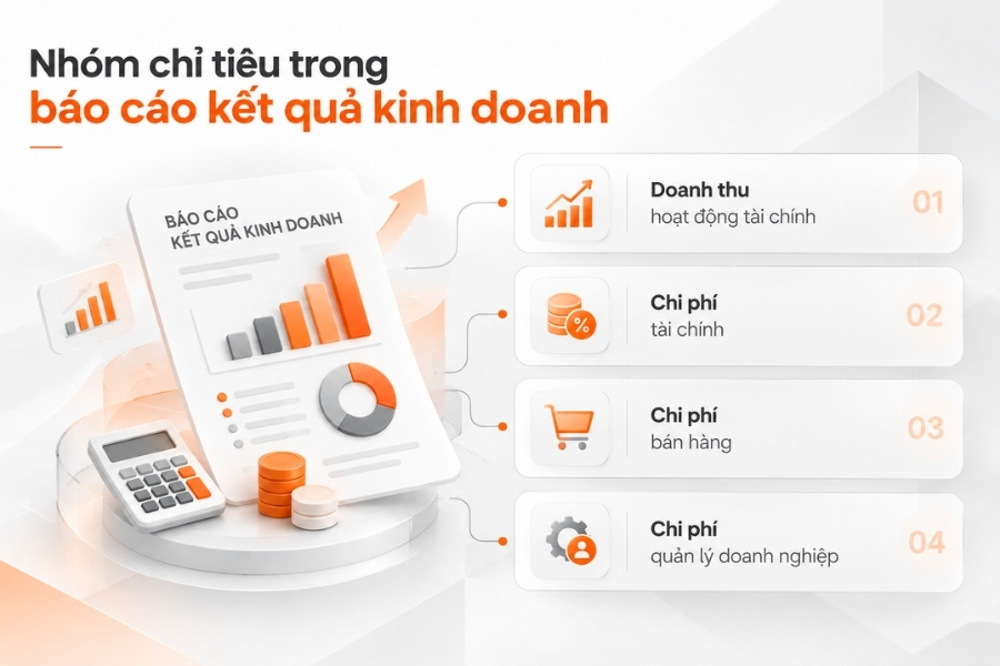Infographic sơ đồ 4 nhóm chỉ tiêu chi tiết trong báo cáo kết quả kinh doanh từ 1Office.
